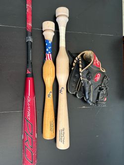 Baseball Training Bundle- Rawlings Bat, Glove & 2 Training Bats – Great Condition