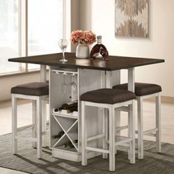 Brand New Antique White & Dark Walnut 5pc Counter Height Dining Table Set