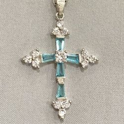 Brand New 925 Sterling Silver Stunning Baby Blue Crystal Inlaid 925 Sterling Silver Cross Set On A 925 Sterling Silver 2mm Chain 