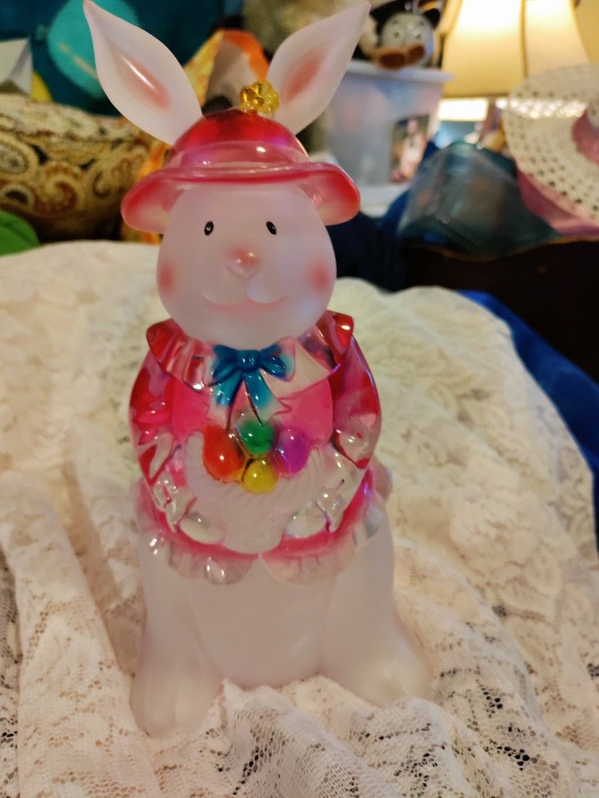 Easter Bunny Rabbit Holding Basket of Eggs Acrylic Frosted Figurine 9 1/2 inches