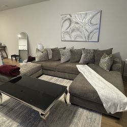 Sectional, Bonus Ottoman & Black Glass & Silver table