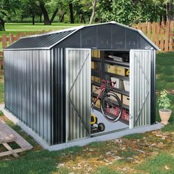 10 ft x 12 ft Metal Garden Storage: Outdoor, Black, with Arch Roof