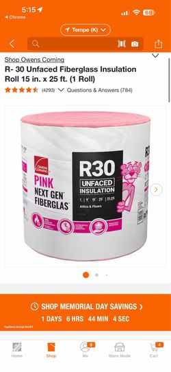 Owens Corning R. 20 Unfacer Fiberglass Insulation Roll 15 in. x 25 f1Roll New $35 EACH