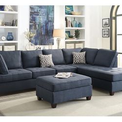 Blue Sectional Sofa - Ottoman Sold Separate 