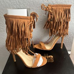 Tan Fringe Open Toed Heels