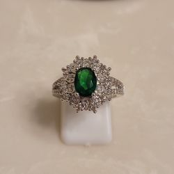 925 Silver CZ and Emerald Ring Size 6