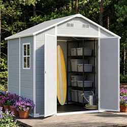 2138 8x6 FT Resin Outdoor Storage Shed with Sloped Roof & Lockable Doors, Weather Resistant Garden Shed with Ventilation, Windows, Heavy Duty Floor, O