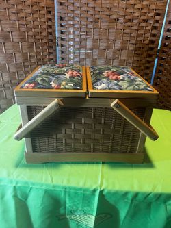 Vintage Wicker Double-Lid Sewing Basket with Full Crafting Notions-$30 CASH