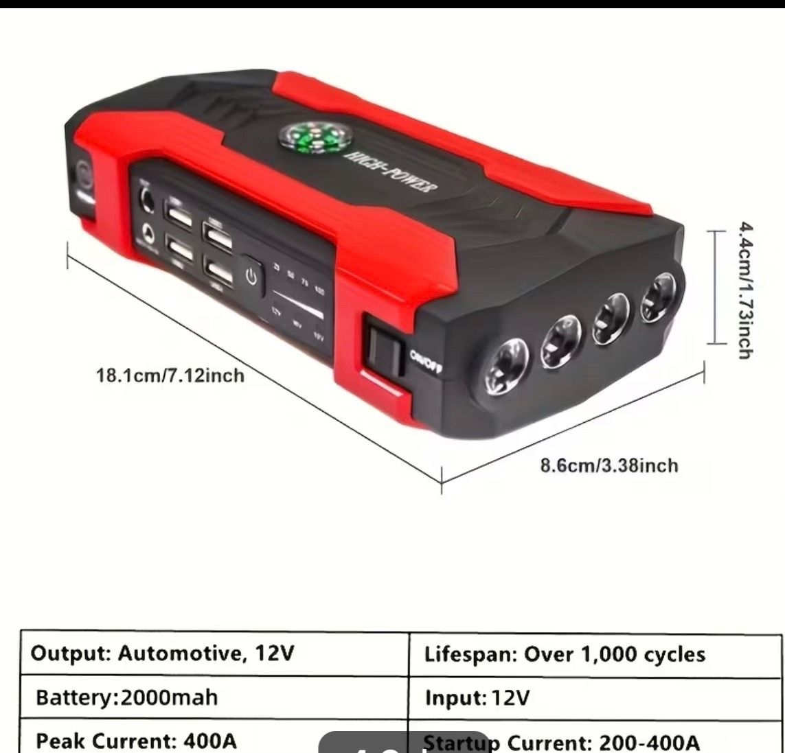 Wireless Car Jump Starter: Battery Jump Starter Portable Peak, 12V Portable Car Battery Charger (8.0L GAS/1.72 Gallon Diesel), Quick Car Start, USB In