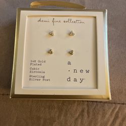 $5 Earrings 14K Gold Plated Cubic Zirconia Sterling Silver Post Brand New 2X Pairs