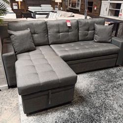 Grey Sectional Sofa Pull Out With Storage 89”x 59”