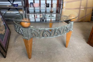 Vintage Round Glass Coffee Table – Heavy Metal & Wood Base 34”