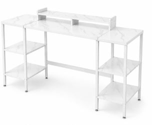 55” White Marble Computer Desk with Monitor Riser & 4 Storage Shelves