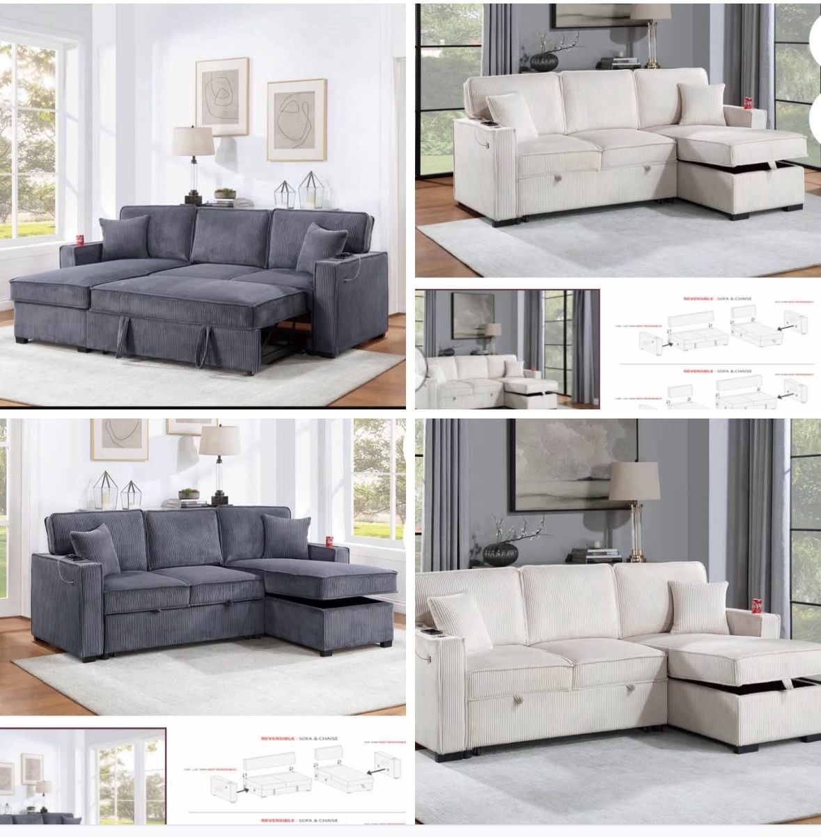 $379. 2-P Convertible Sectional Sleeper Sofa W/ Cupholder Sofa Storage & USB Ports 89”x 59”X36”H
