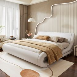 Clearance King Size Platform Bed Frame with Curved Adjustable Headboard, Faux Leather, White