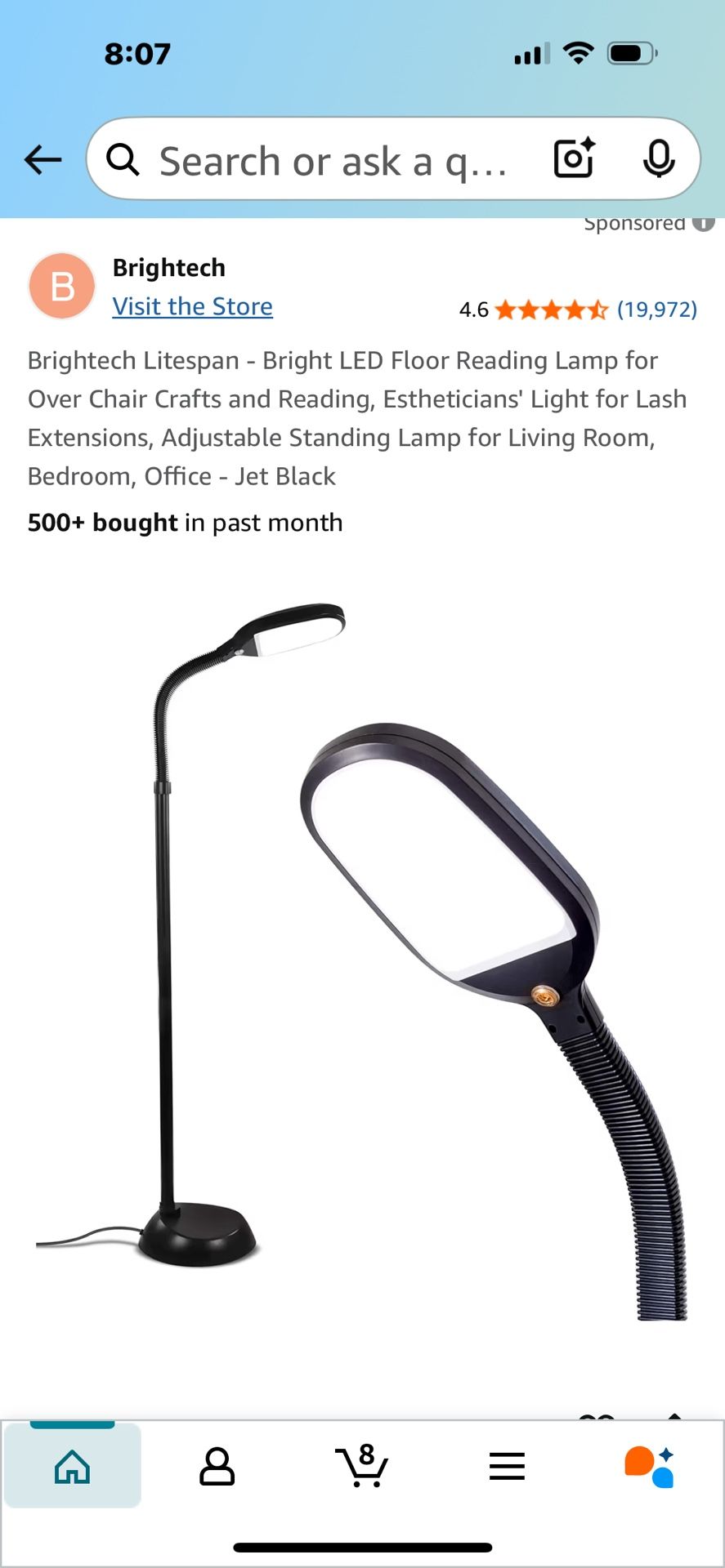 Brightech Litespan - Bright LED Floor Reading Lamp for Over Chair Crafts and Reading, Estheticians' Light for Lash Extensions, Adjustable Standing Lam