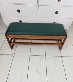Mid-Century Wood Bench with Green Cushion