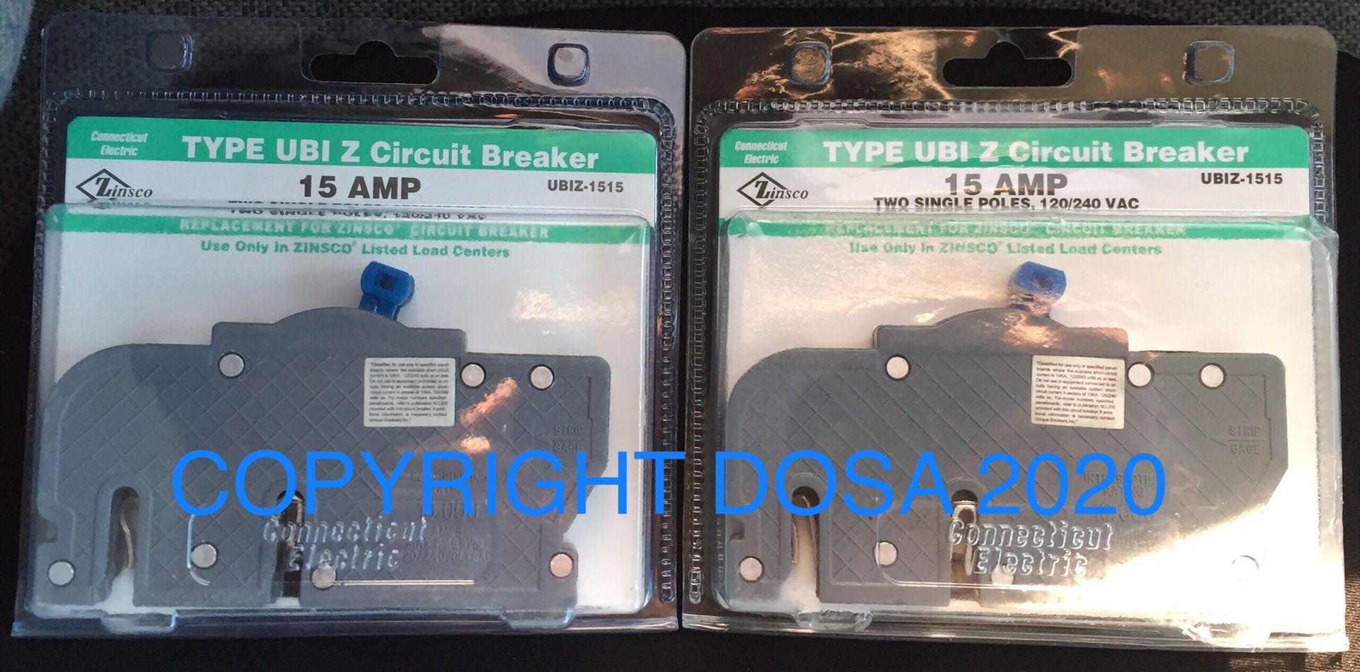Lot of (2) Two Zinsco Twin 15A Thin Circuit Breaker, UBIZ-1515