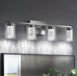 Bathroom Light Fixtures, 4 Light Brushed Nickel Vanity Light Over Mirror, 3 Color LED Bathroom Vanity Lights with Crystal Bubble Glass, Dimmable Bubbl