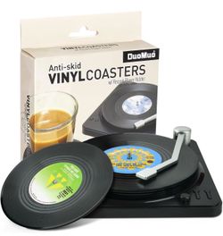 Funny Retro Record Coasters for Drinks with Vinyl Player Holder for Music Lovers,Set of 6 Conversation Piece Sayings Drink Coaster,Housewarming Hostes