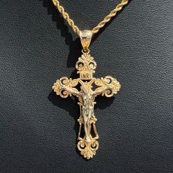 Jewelry 14k solid two tone Yellow Gold Religious Jesus Cross Pendant charm