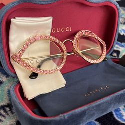 Gucci Gold Pink Crystal Lips Stud 0046 Metal Rx Frame Gg4287 Sunglasses