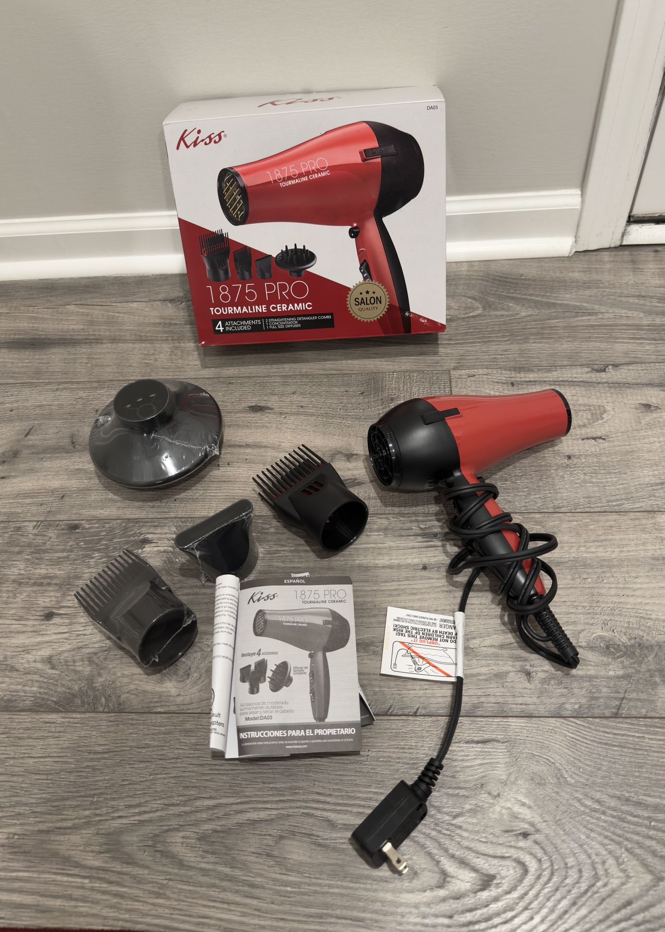 Kiss 1875 Pro Tourmaline Ceramic Blowdryer W/ Box Instructions & 4 Attachments 