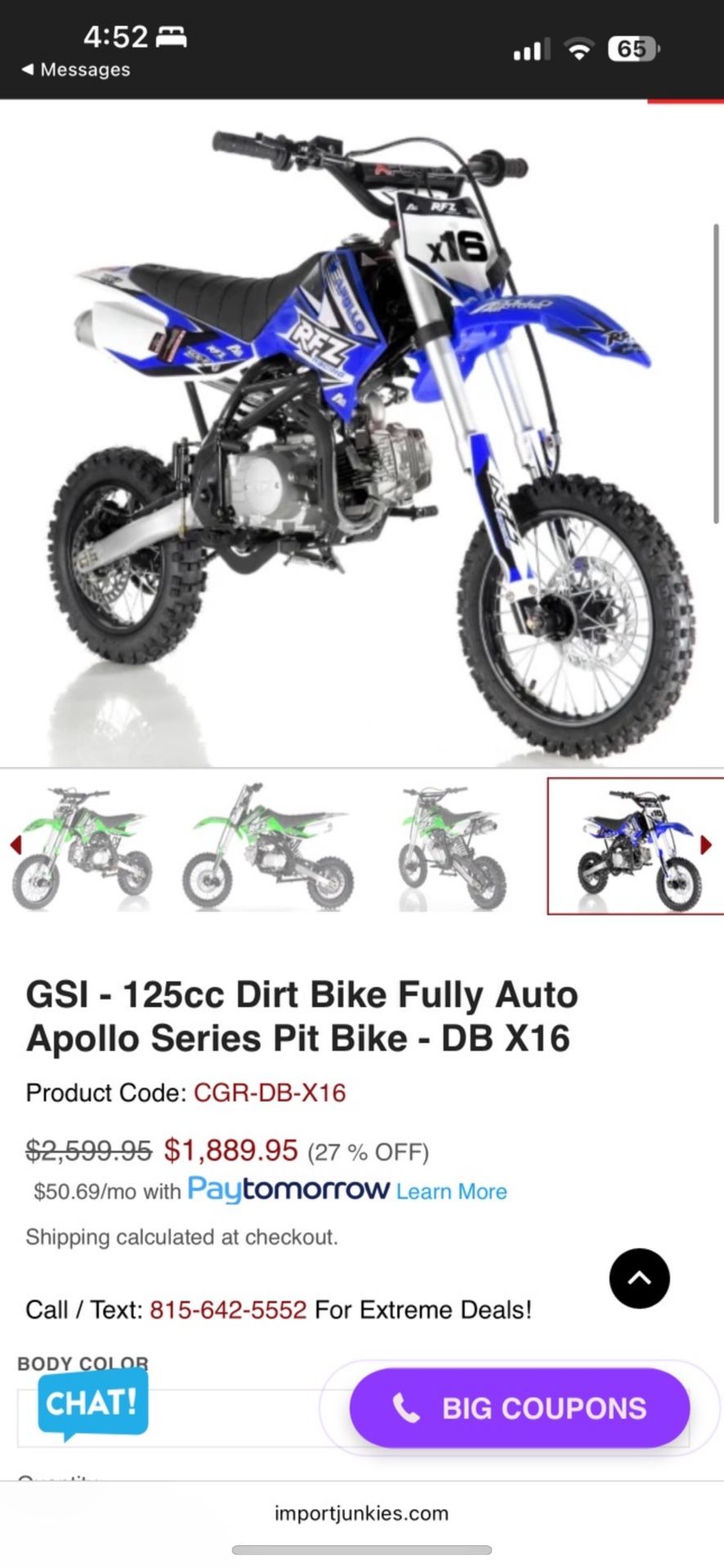 GSI - 125cc Dirt Bike Fully Auto Apollo Series Pit Bike - DB X16