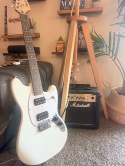 Squier Bullet Mustang HH Electric Guitar (Vintage White) + Marshall Amp Bundle