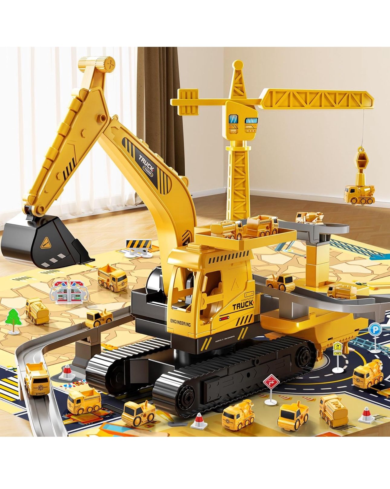 Construction Trucks Cars Toys for Toddlers, Kids Engineering Digger Race Tracks, Excavator Crane Boy Toys for 3-5 Year Old, Birthday Gifts for Kids Ag