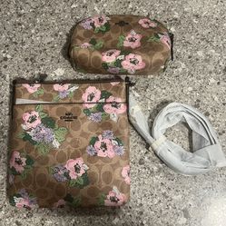 Coach Messenger Shoulder Strap Bag Signature Canvas With Flower Print And Wallet