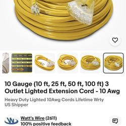 10 Gauge (100 ft) 3 Outlet Lighted Extension Cord - 10 Awg Brand New Paid Over $200