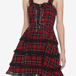 Hottopic Red & Black Lace-Up Plaid Dress XS