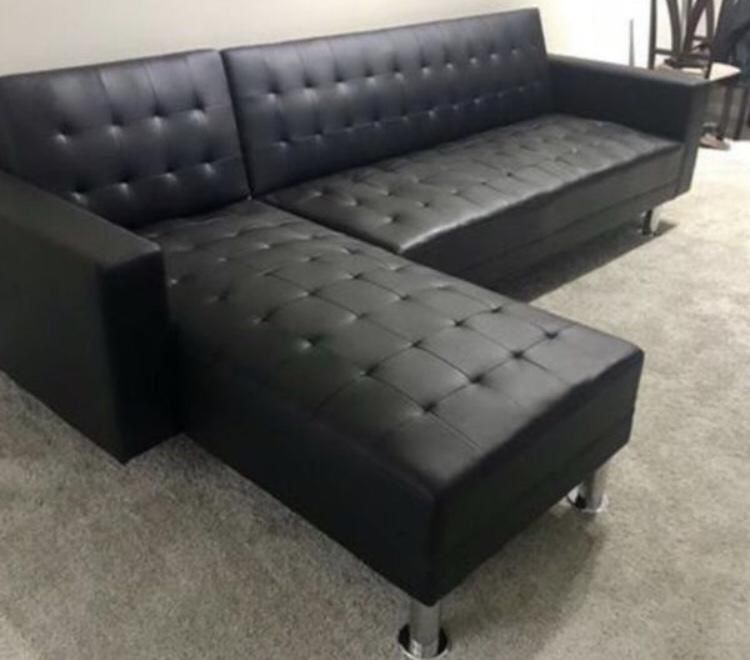 Brand New Black Leather Sofa Chaise/ Futon