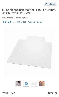 ES Robbins Chair Mat for High Pile Carpet, 45 x 53 With Lip, Clear $15 each or 2 for $20