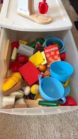 Assorted wooden foods, mixer and dishes