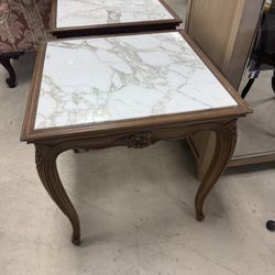 Pair Of Antique Marble Wood Carved Side Tables - 24” x 24”
