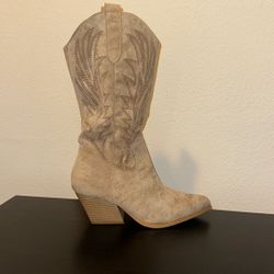 Beige Suede Western Cowboy Boot - Block Heel