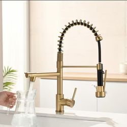 New! Golden Commerical Kitchen Faucet With Pull Down Sprayer, Champaign Golden Single Handle 2 Spout Spring Kitchen Sink Faucet With Lock