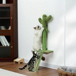 Wall Mounted Cat Scratcher with Jump Platform – Tall, Stable Cat Wall Furniture with Sisal Post for Climbing and Scratching – Cactus Design for Indoor