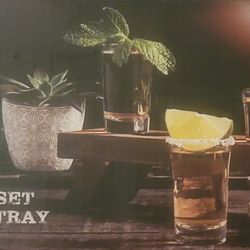 Mason 6 Shot Glass Set With Wood Rack NIB