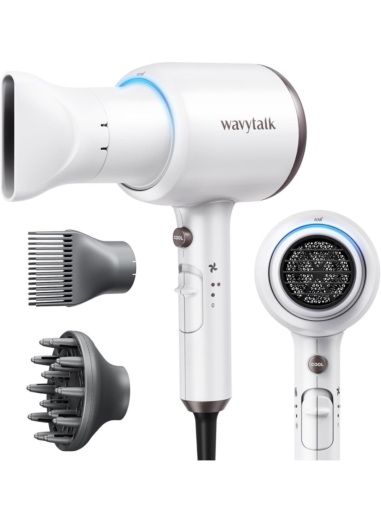 BRAND NEW IN BOX Wavytalk Ceramic Hair Dryer with Diffuser and Concentrator Professional 1875 Watt Negative Ions Dryer Fast Drying White