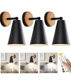 3 Pack Battery Operated Wall Sconce, IR Remote Control Battery Operated Wall Lights, Matte Black Battery Operated Sconces, Wireless Wall Sconces Batte