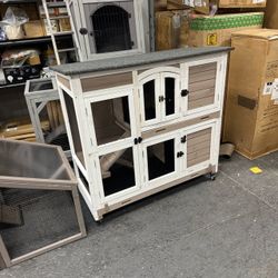 Aivituvin Rabbit Hutch Bunny Cage with Wheels Indoor Outdoor Two Story Guinea Pig Cage with 2 Deep No Leak Tray, Air06