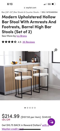 Modern Upholstered Hollow Bar Stool With Armrests And Footrests, Barrel High Bar Stools (Set of 2)