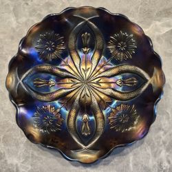 Antique Brockwitz Carnival Glass Four Flowers Variant Ruffled Bowl Blue Purple 