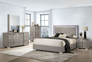 Queen 4 Piece Bedroom Set Gray Glassy Finish