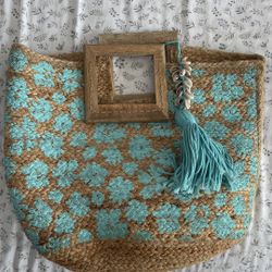 Cartera Twig & Arrow Boho Woven Jute Hand Painted Turquoise Flower Tote Beach Bag