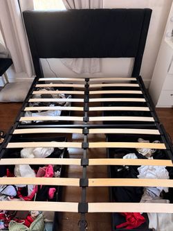 Black Upholstered Bed Frame with Slats