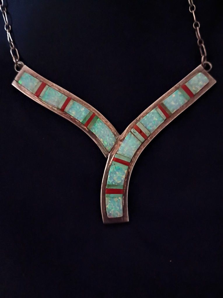Vintage Sterling Silver, Opal, Turquoise, And Coral Necklace
